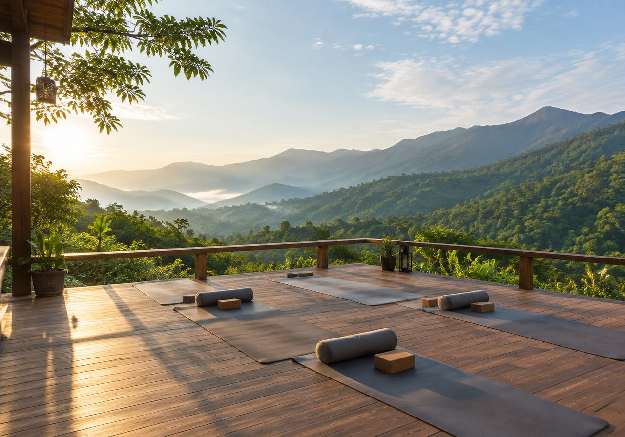 Deck de yoga con vista a las montañas